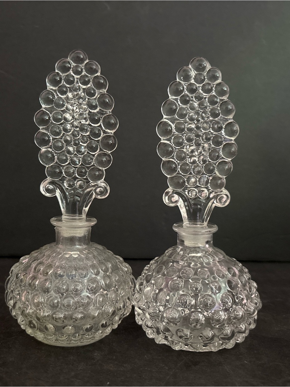 Clear Glass Hobnail Perfume Bottles - Pair Art Deco Bubble Glass Vanity Bottles